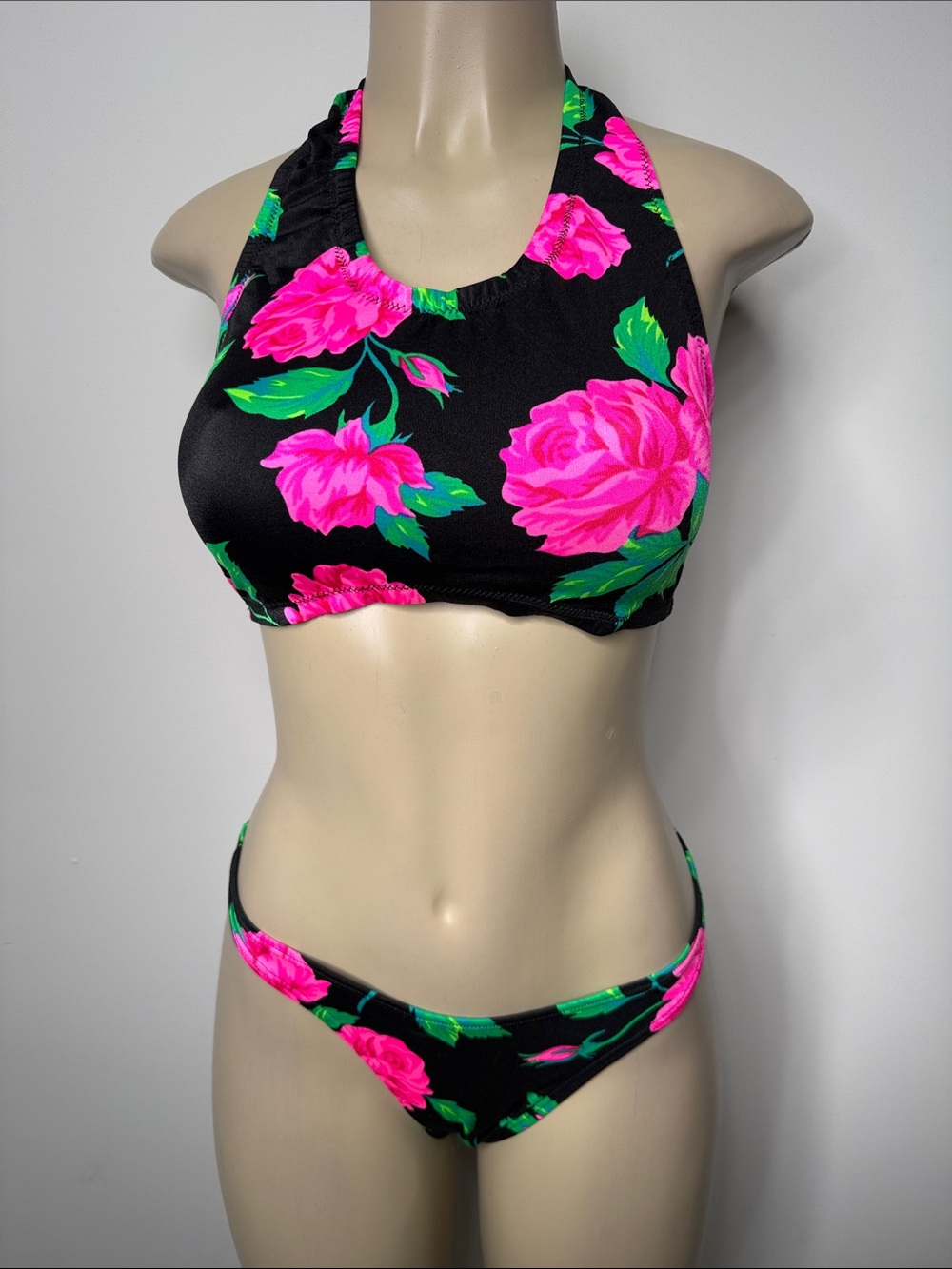 Black Floral Halter Bikini Top and Bottom - Pink Rose Print